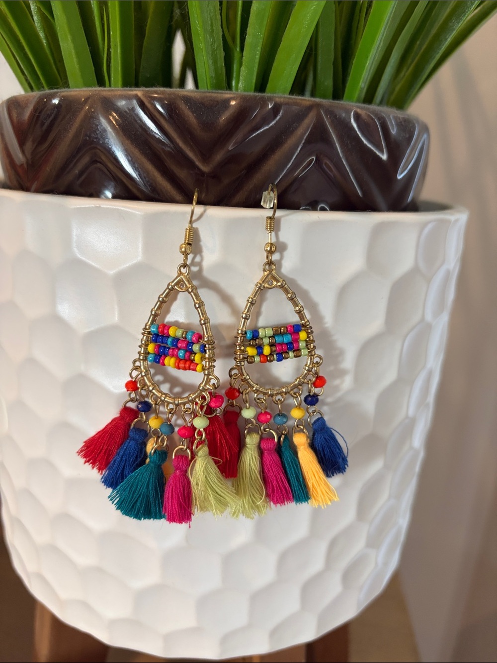 Colorful Tassel Teardrop Beaded Earrings - Multi